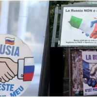 Campanie pro Moscova, desfășurată în România și în alte țări europene. Stickere pe care scrie „Rusia nu este (…)