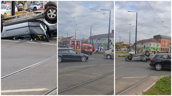 Accident spectaculos în Oradea. O mașină a ajuns cu roțile în sus în zona Emanuel