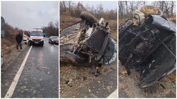 Accident spectaculos pe DN 76, în Bihor. O mașină a ajuns în șanț cu roțile în sus