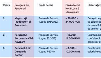 Tabel pensii | TOP 10 – Categoriile de pensionari din România cu cele mai mari pensii începând cu 1 ianuarie 2026