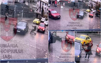 Momentul când un bărbat pe trotinetă intră cu viteză într-o maşină care circula regulamentar, în Iaşi
