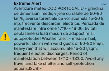 Mesaj RO-Alert emis în București: Cod portocaliu de grindină, vijelii și ploi torențiale