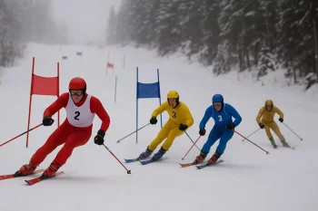 Competiție de schi pe Pârtia Centrală: Schiorul în roșu prinde viteză, dar schiorul galben ține aproape. Schiorul (…)