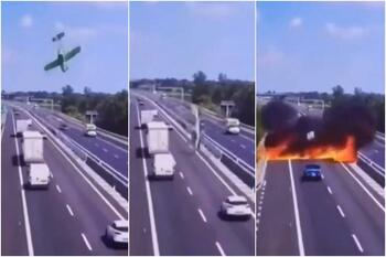 Momentul în care avionul în care au murit cei 2 soți se prăbușește ca o ghiulea pe autostrada din Italia