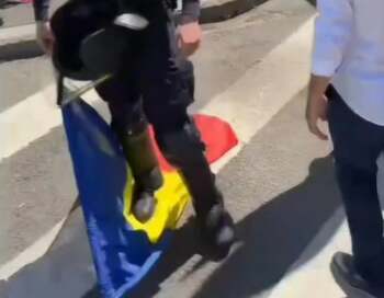 Jandarmeria: Fotografie fake care încearcă să creeze impresia că un jandarm calcă în picioare steagul României / În (…)