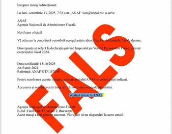 ANAF atrage atenția asupra unui email fals, transmis în numele instituției
