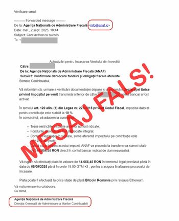 Avertisment ANAF cu privire la răspândirea mesajelor FALSE transmise în numele instituției. Ce sfaturi primesc (…)