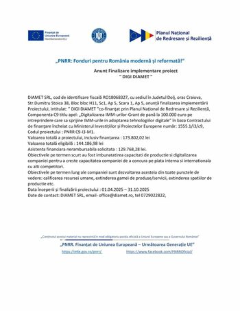 Anunț Finalizare implementare proiect DIGI DIAMET