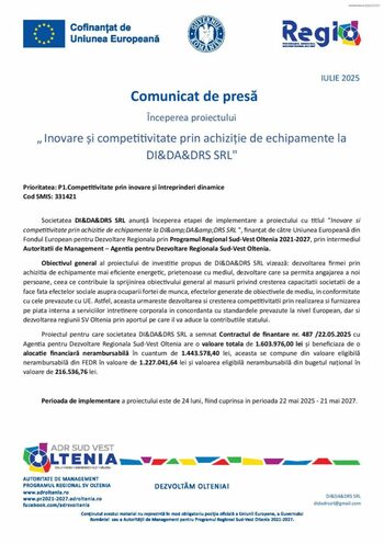 Începerea proiectului „Inovare și competitivitate prin achiziție de echipamente laDI&DA&DRS SRL“