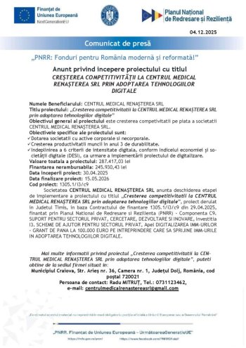 Creșterea competitivității la Centru Medical renașterea SRL prin adoptarea tehnologiilor digitale