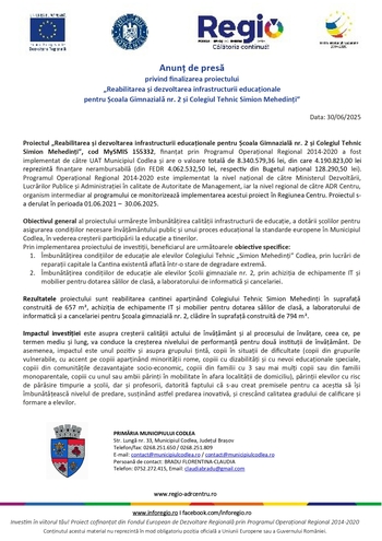 Finalizarea proiectului „Reabilitarea și dezvoltarea infrastructurii educaționale pentru Școala Gimnazială nr. 2 și (…)