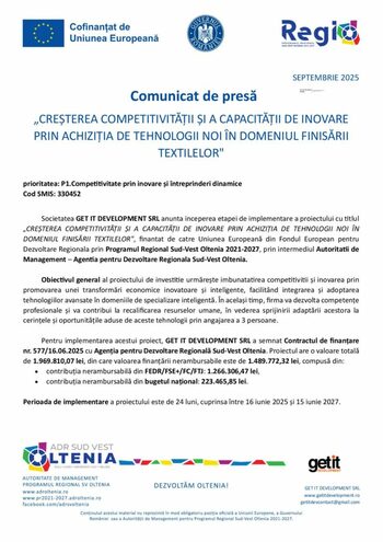 „Creşterea competitivităţii şi a capacităţii de inovare prin achiziţia de tehnologii noi în domeniul finisării (…)