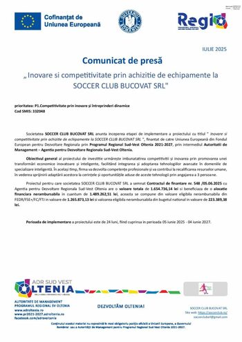 Inovare şi competitivitate prin achiziţie de echipamente la SOCCER CLUB BUCOVAT SRL