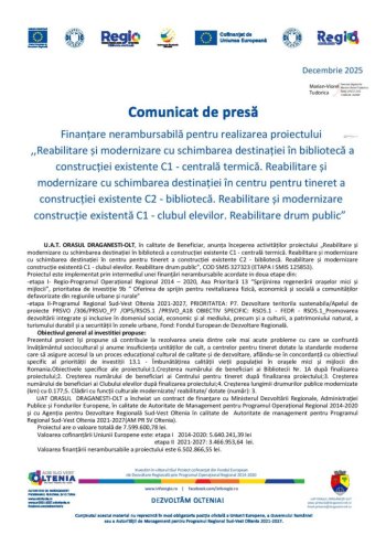 Finanțare nerambursabilă pentru realizarea proiectului ,,Reabilitare și modernizare cu schimbarea destinației în (…)
