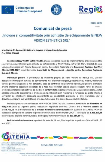 „Inovare si competitivitate prin achizitie de echipamente la NEWVISION ESTHETICS SRL”