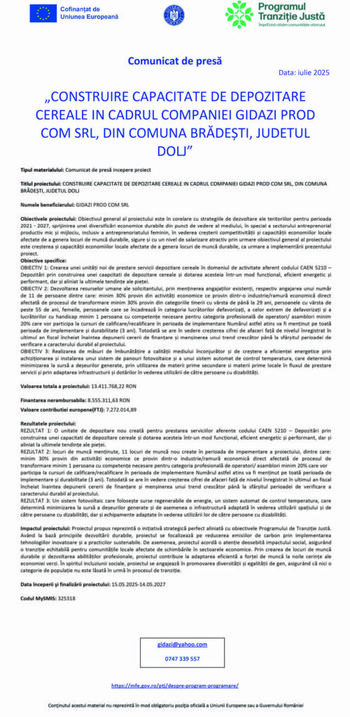 Construire capacitate de depozitare cereale în cadrul companiei Gidazi Prod Com SRL, din Comuna Brădeşti