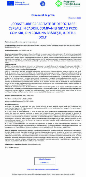 Construire capacitate de depozitare cereale în cadrul companiei Gidazi Prod Com SRL, din Comuna Brădeşti