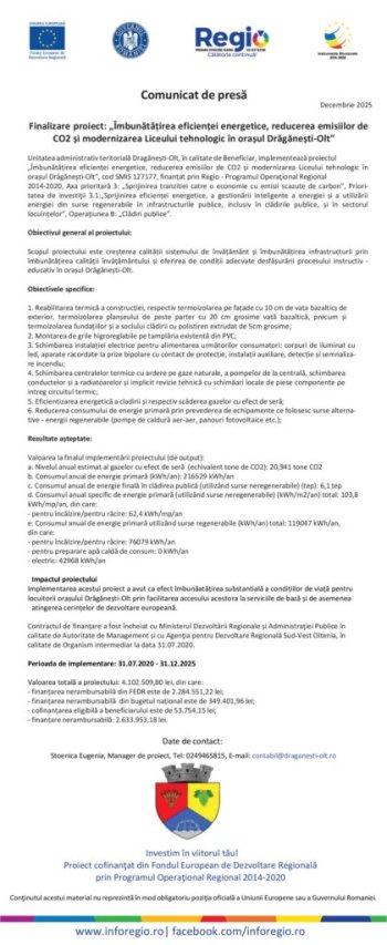 Finalizare proiect: „Îmbunătățirea eficienței energetice, reducerea emisiilor de CO2 și modernizarea Liceului (…)